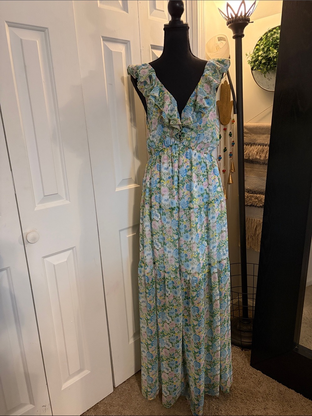 Aakaa Pastel Floral Ruffle Maxi Dress in Light Blue and Green
